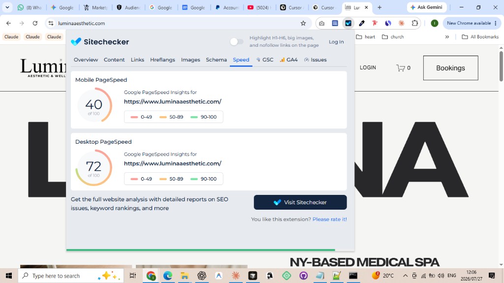 Speed report showing Mobile PageSpeed 40 and Desktop 72 for luminaaesthetic.com